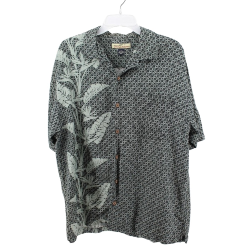 Tommy Bahama Hawaiian Shirt Mens Medium Silk Linen Tropical Camp Shirt Blk/Green